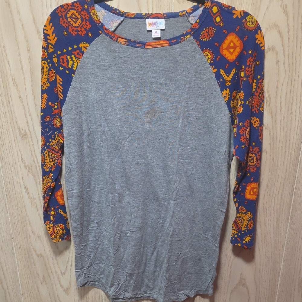 LuLaRoe Randy Gray Top with Colorful Patterned Sleeves